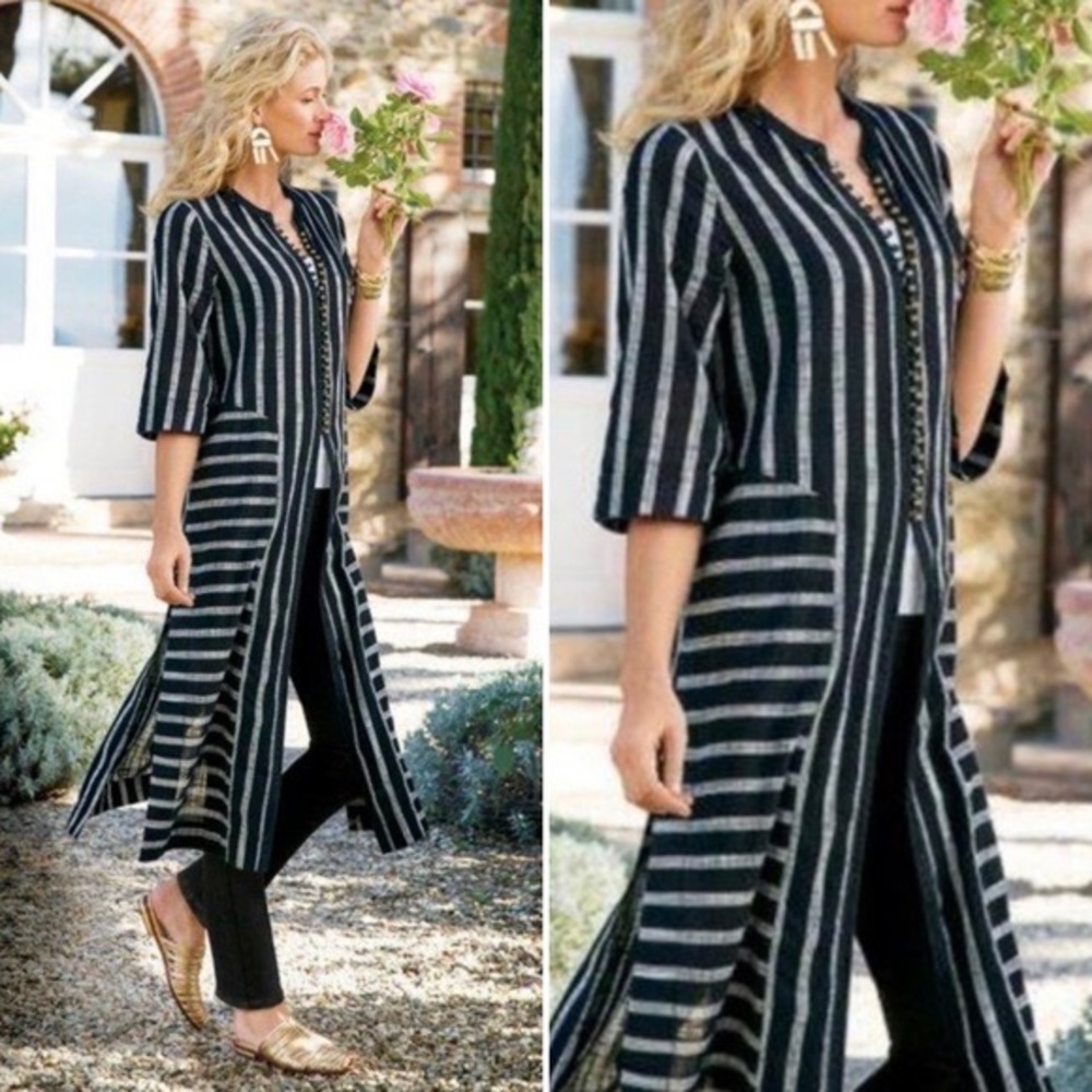 Soft Surroundings Moroccan Topper Duster NWT Black & Gray Stripe LARGE Petite